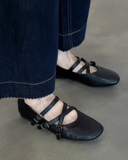 Sheepskin leather round toe cross strap flat Mary Jane shoes