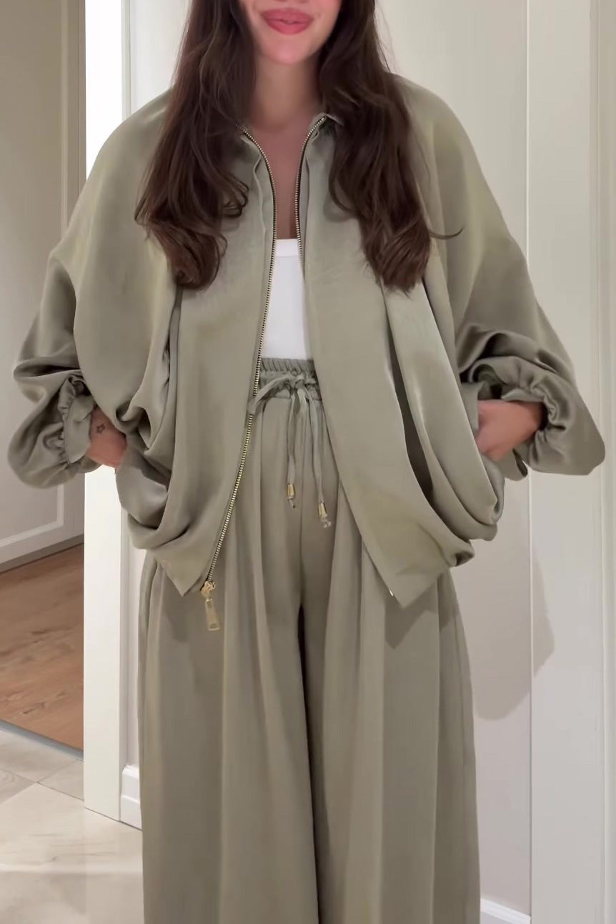 Lantern-sleeve zipper jacket and elastic waistband wide-leg pants two-piece set