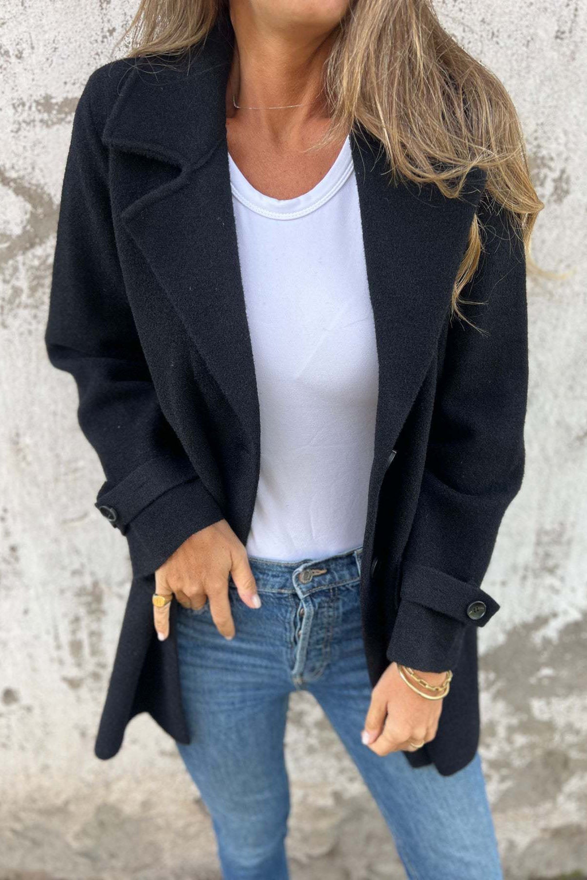 Manteau cardigan en laine avec fausse poche et revers ample