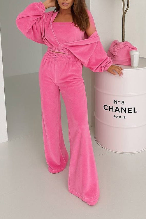 Afternoon Nap Hooded Cardigan and Elastic Wide-Leg Pants