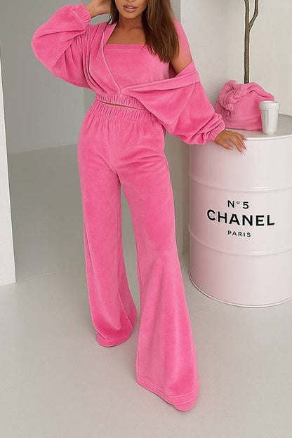 Afternoon Nap Hooded Cardigan and Elastic Wide-Leg Pants