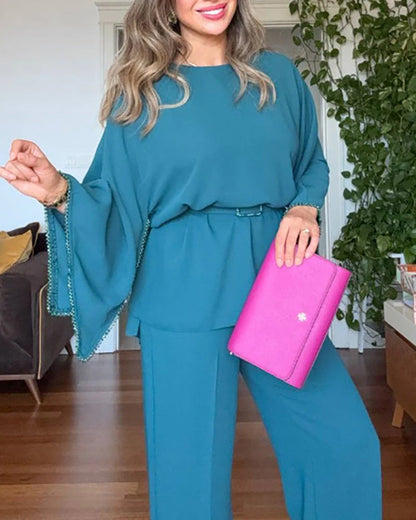 Rhinestone long-sleeved top and wide-leg pants set