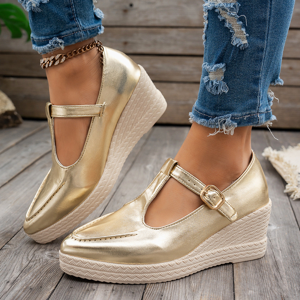 Metallic upper round toe T-strap wedge shoes