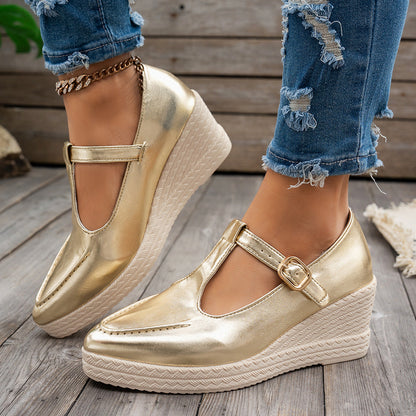 Metallic upper round toe T-strap wedge shoes