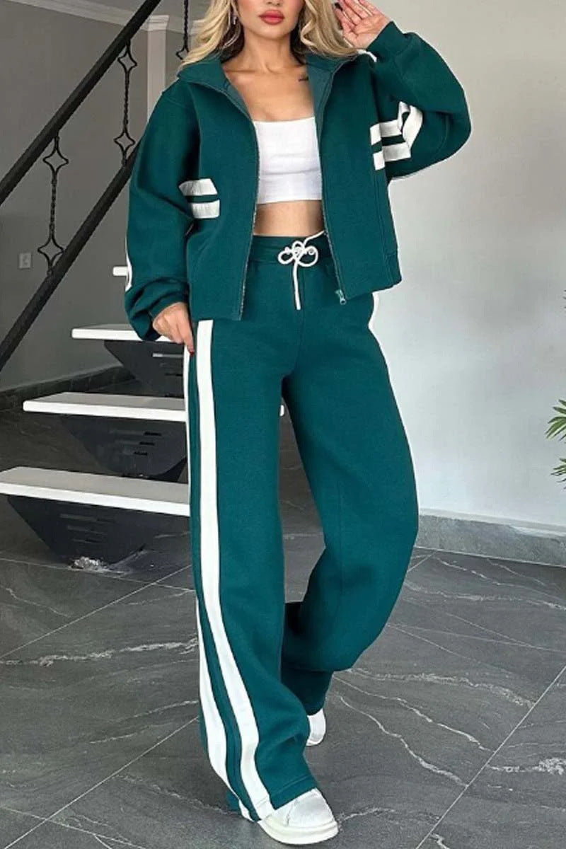 Y2K striped zip-up cropped sweatshirt jacket and sports pants two-piece set