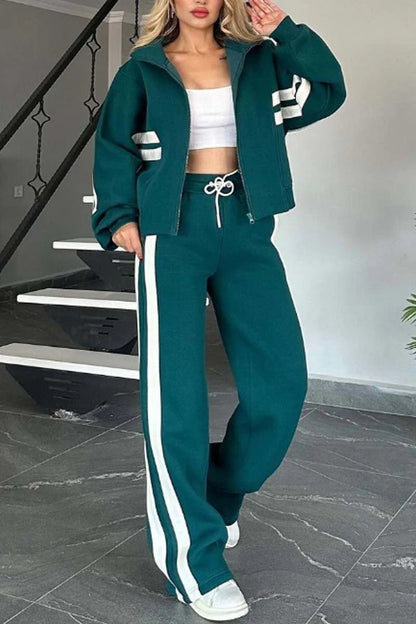 Y2K striped zip-up cropped sweatshirt jacket and sports pants two-piece set
