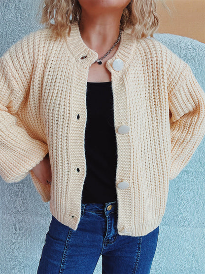 Large round button cropped knitted cardigan