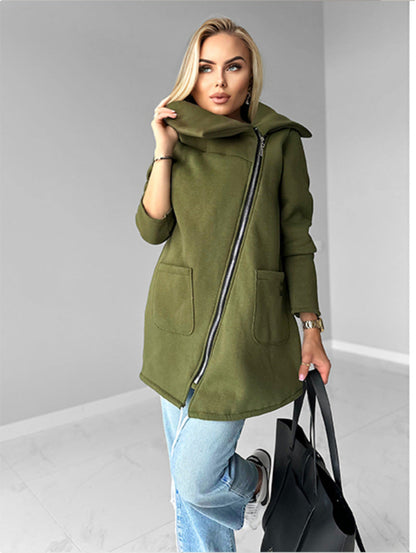 Oblique zipper Lapel Mid-length fleece sweatshirt jacket