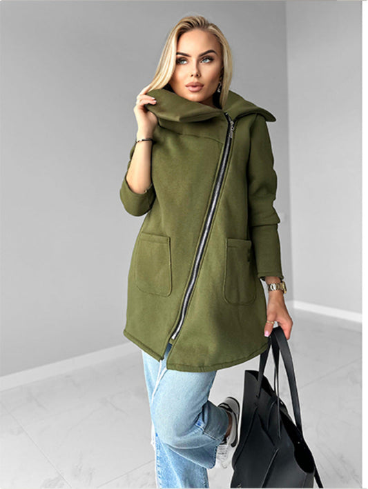 Oblique zipper Lapel Mid-length fleece sweatshirt jacket