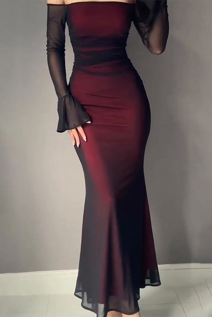 Burgundy long-sleeved tube-top hip-hugging slim dress