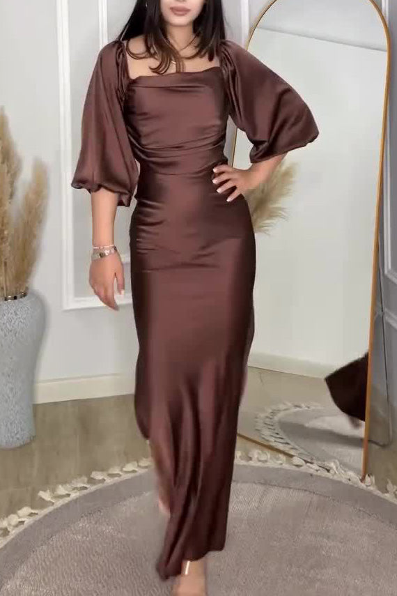 Chic Satin mid-length puff sleeve maxi dress