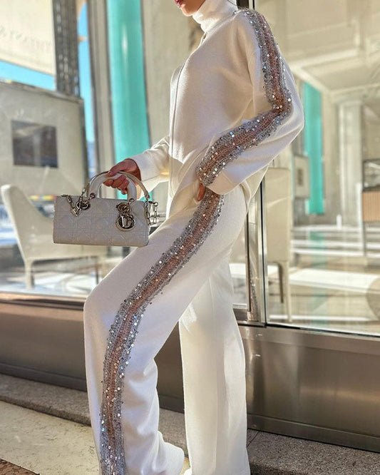 Sequins Turtleneck Long Sleeve Two Pieces Set