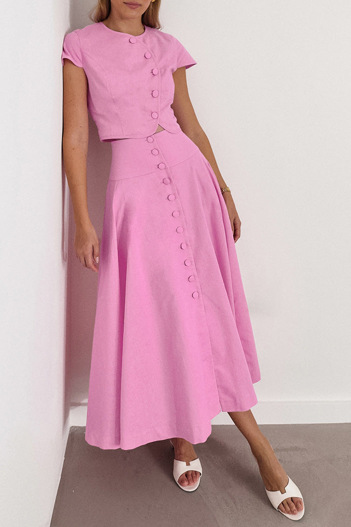 Chic button design Short-sleeved top A-line maxi skirt Two-piece suit