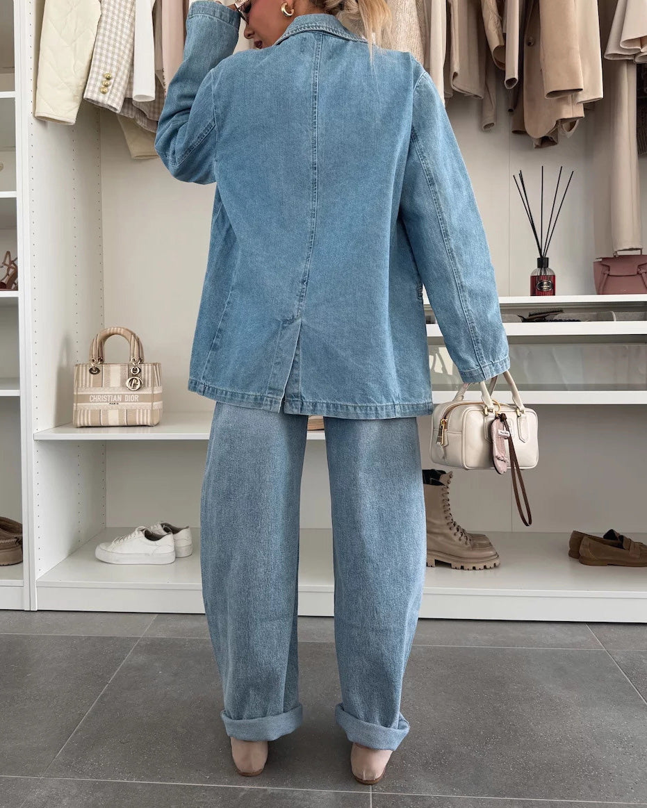 Casual Loose Washed Blue Denim Suit Jacket