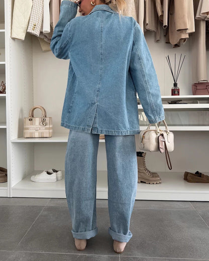 Casual Loose Washed Blue Denim Suit Jacket