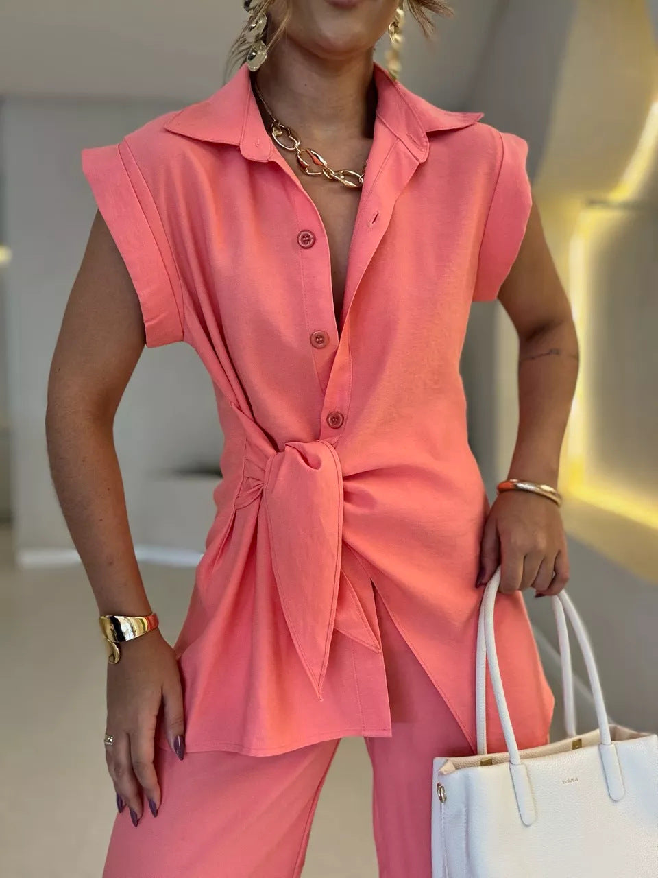 Tie-waist short-sleeved shirt and high-waisted pants two-piece set