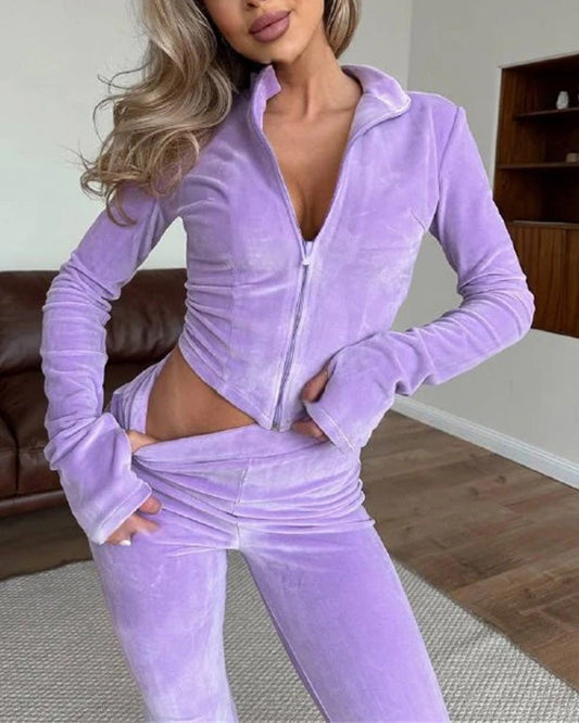 Weekend Mode Suede tight cardigan and elastic pants two-piece set