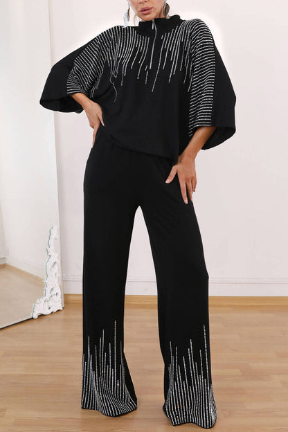 Rhinestone three-quarter sleeve top and wide-leg pants two-piece set