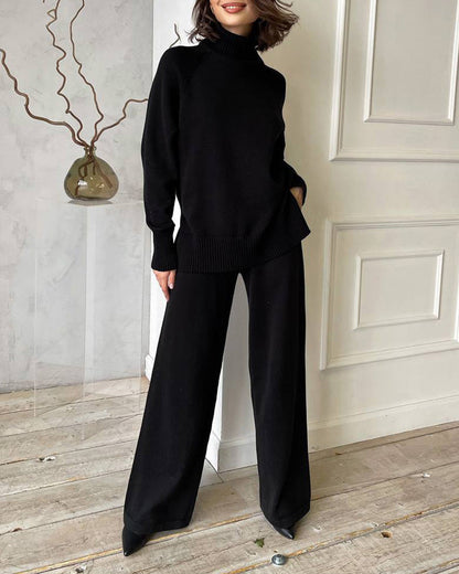 Solid color turtleneck knitted sweater and wide-leg trousers two-piece suit