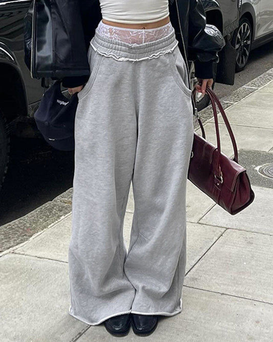 Gray Waist lace loose sweatpants