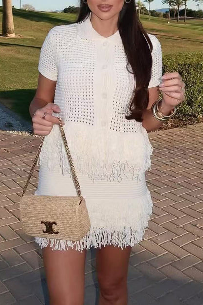 Tassel Short-Sleeved Knit Jacket High-Waisted Miniskirt Set