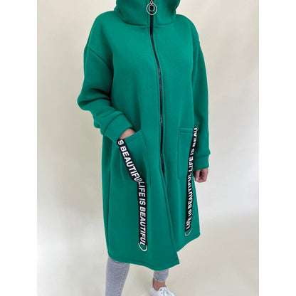 Chic pockets design High collar Long hooded sweatshirt jacket