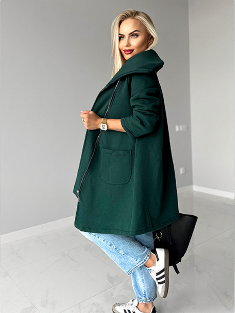 Oblique zipper Lapel Mid-length fleece sweatshirt jacket