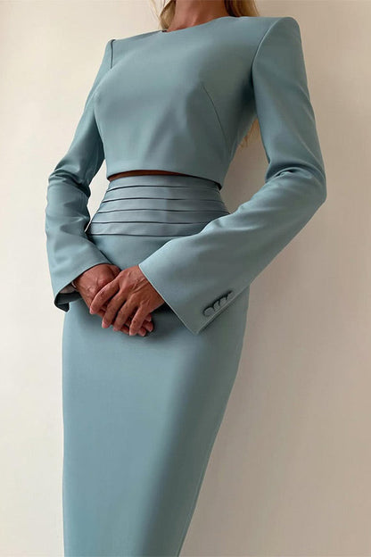 Solid Color Long Sleeve Zipper Top Slit Hip-Wrap Long Skirt Set