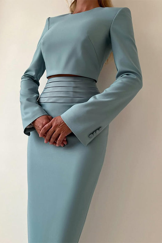 Solid Color Long Sleeve Zipper Top Slit Hip-Wrap Long Skirt Set