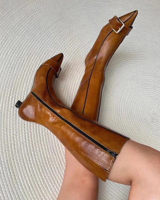 Genuine leather vintage belt buckle Chunky heel pointed toe side zipper boots