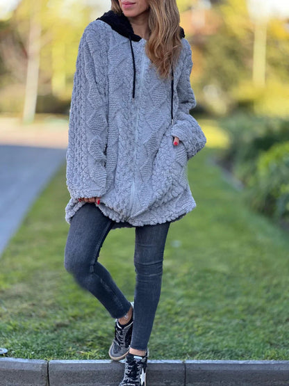 Mid-length vintage hooded fur zip-up knitted jacket