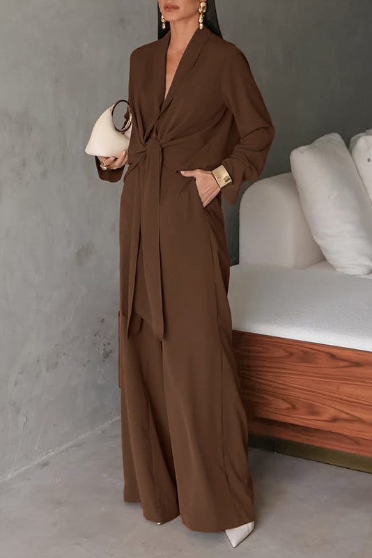 Long-sleeved V-neck tie top and wide-leg pants two-piece suit