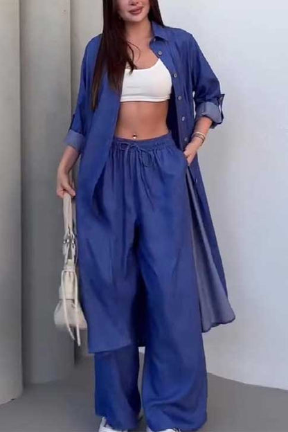 Einreihiger, langer Mantel und Hose mit weitem Bein, einfarbiger Anzug