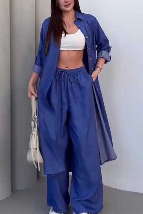 Manteau long à simple boutonnage et pantalon large, costume de couleur unie