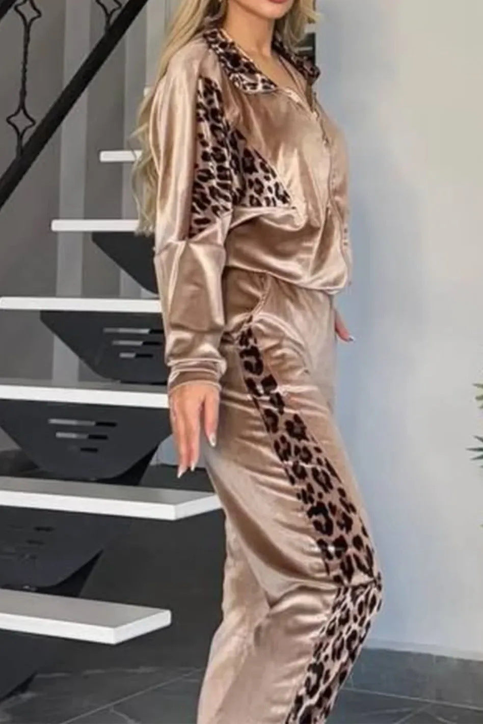 Suede leopard print contrast long-sleeved jacket and wide-leg pants two-piece set