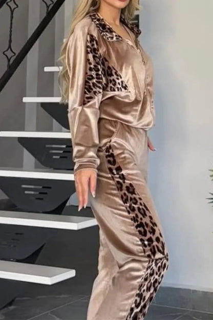 Suede leopard print contrast long-sleeved jacket and wide-leg pants two-piece set