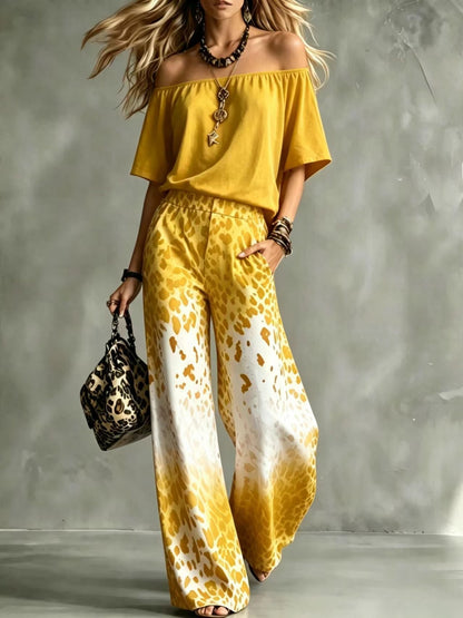 Set aus einem Top mit U-Ausschnitt und schulterfreiem Schnitt sowie einer weiten Hose mit Leopardenmuster und Ombré-Effekt