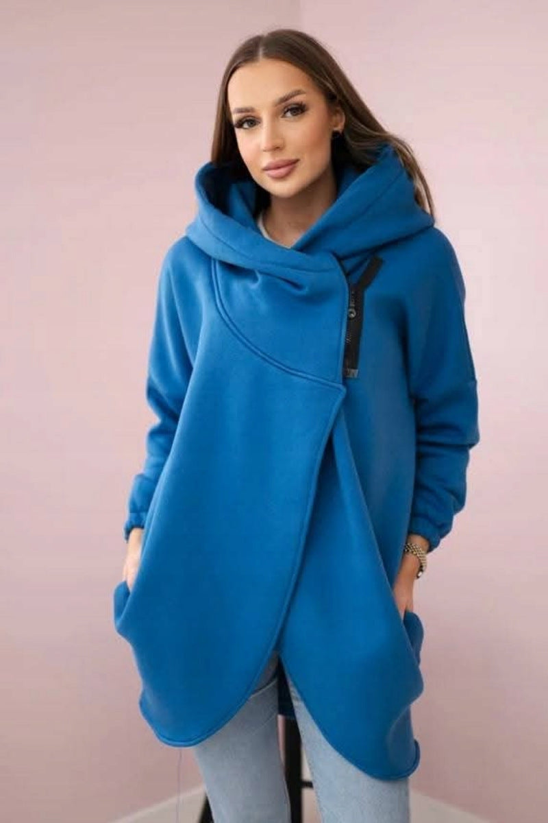 Chic Asymmetric zip-up hooded fleece sweatshirt jacket