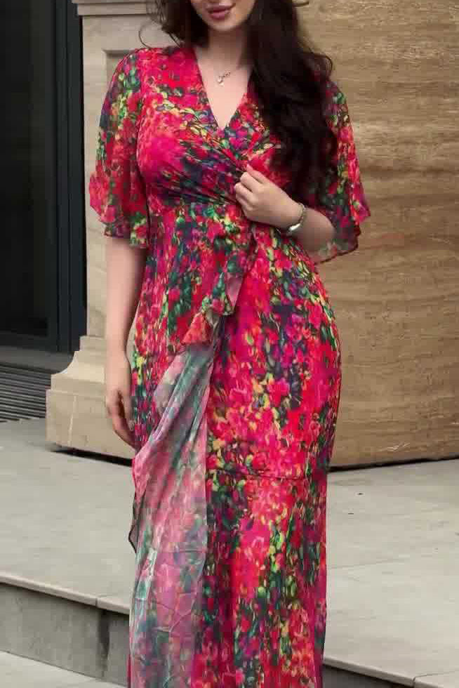 Unrestrained rose red printed short-sleeved long dress