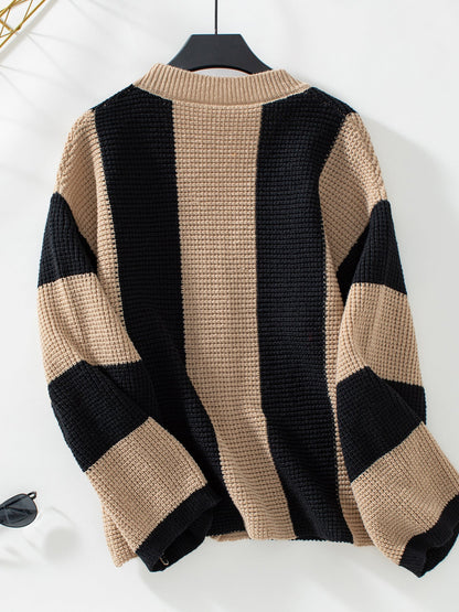 Loose vertical striped button-down knitted cardigan