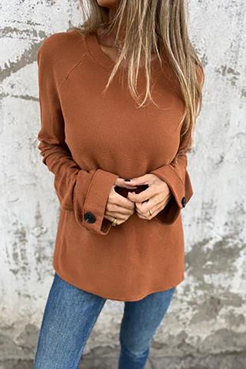 Loose solid color long-sleeved button cuffs top