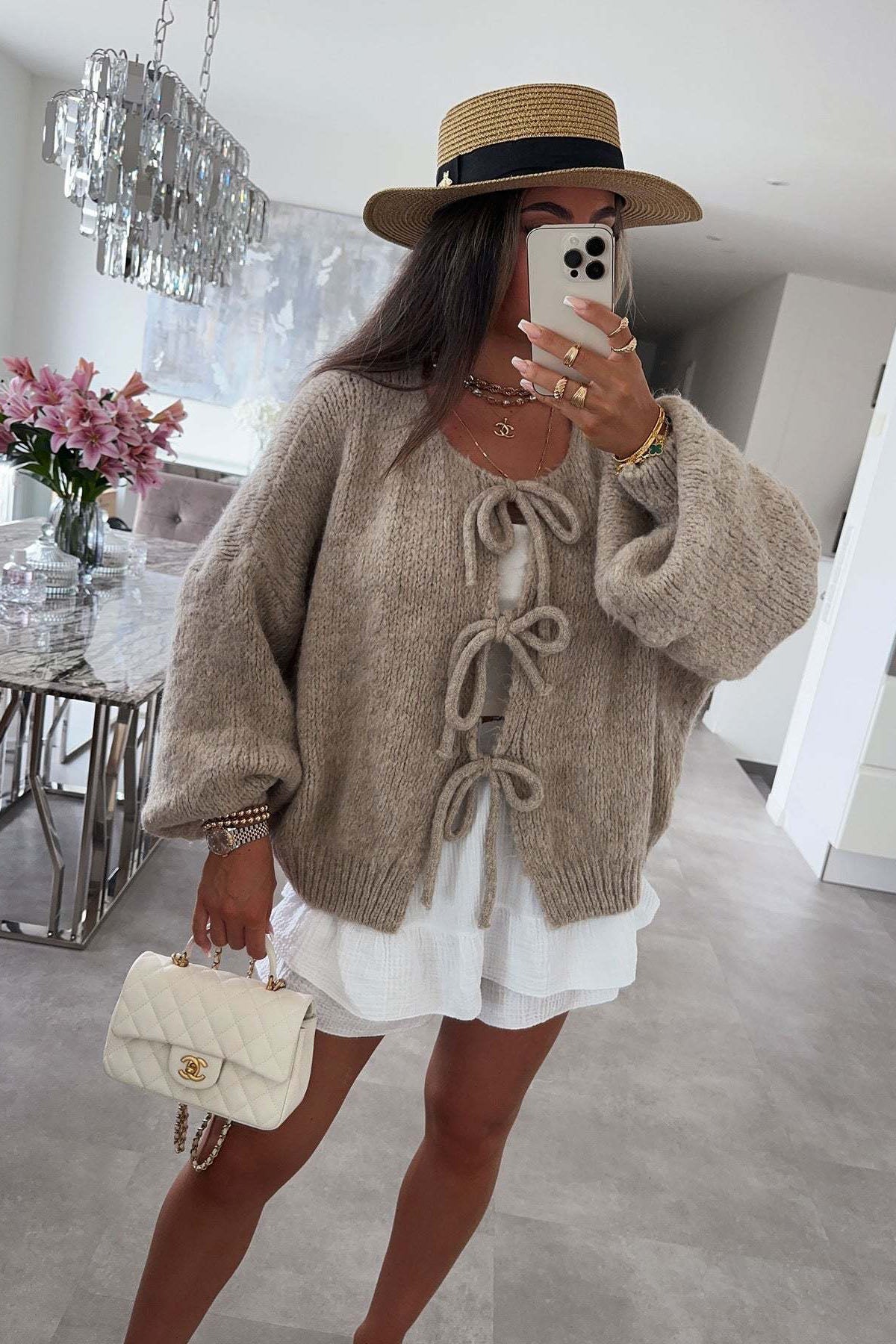 Crew neck tie cropped knitted cardigan