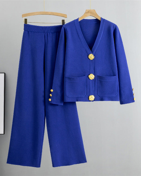 Chic gold large button knitted sweater and wide-leg pants two-piece suit
