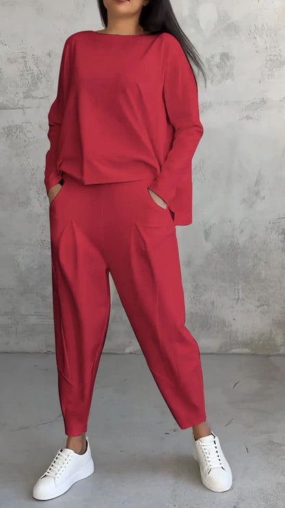 Solid color loose hem sweatshirt cropped pants two-piece set
