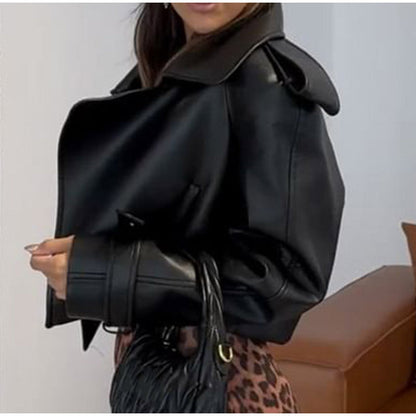 Black Vintage Cropped Leather Motorcycle Jacket