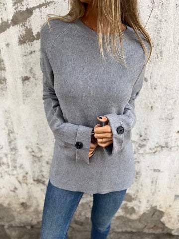 Loose solid color long-sleeved button cuffs top