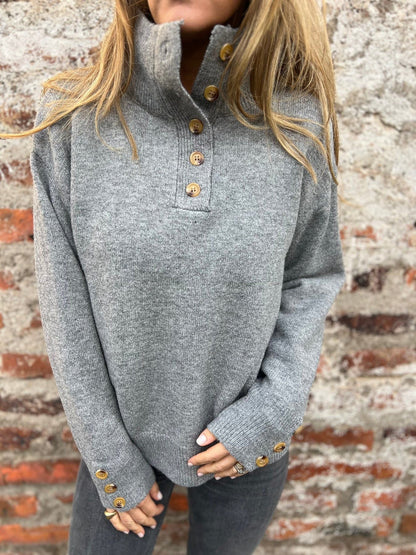 Stand collar solid color button loose sweater