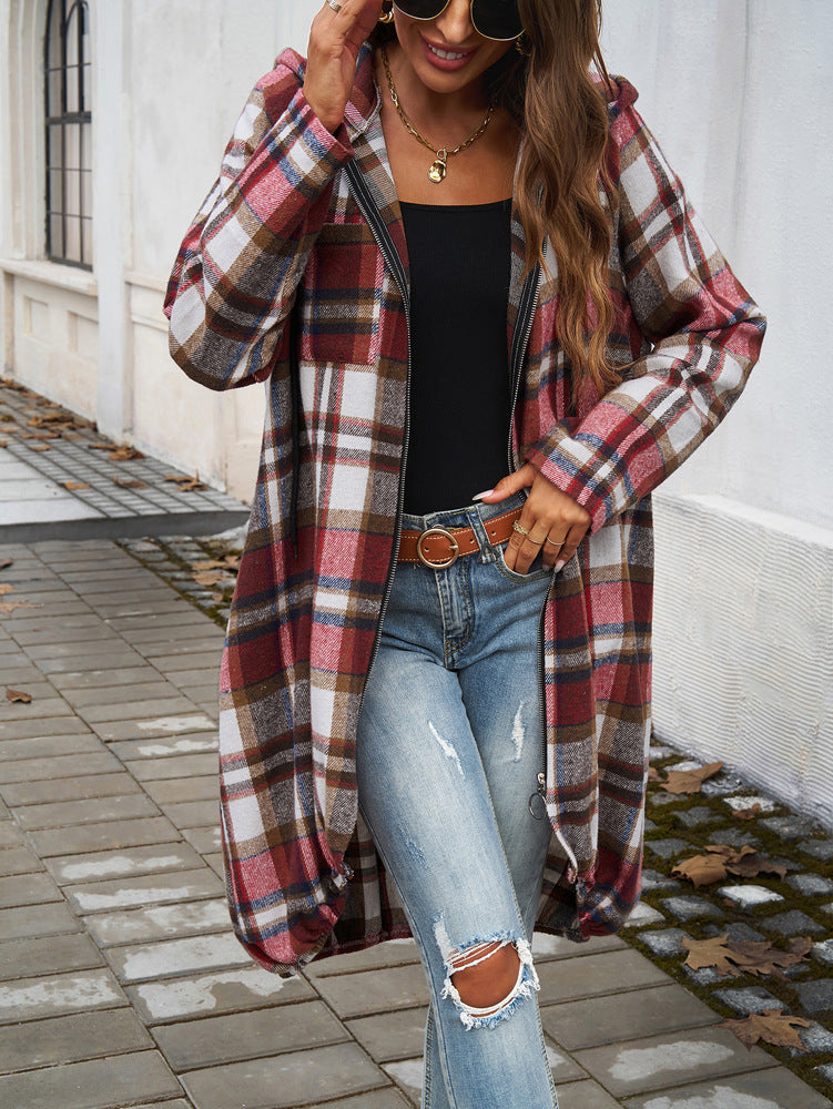 Loose Contrast Plaid Zipper Hooded Long Jacket