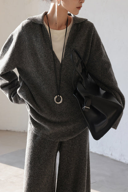 Thickened V-neck loose knitted sweater wide-leg pants two-piece set