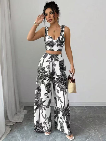 Blue and White Printed Crop Top with Wide-Leg Pants for Women - Noemi